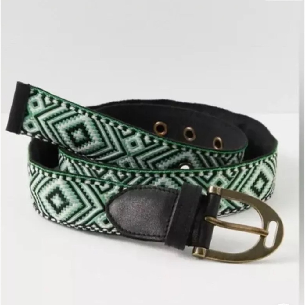 NEW *Free People* Women's Cotton Leather Green Moving to Mars Handmade Belt s/m